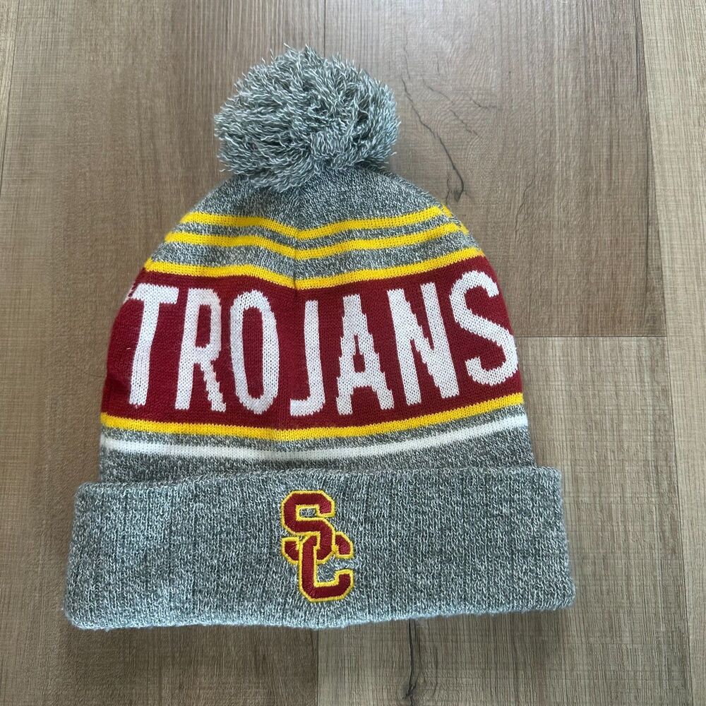 Adults Captivating Striped Gray Cardinal Yellow USC Trojans Cuffed Knit Hat Pom